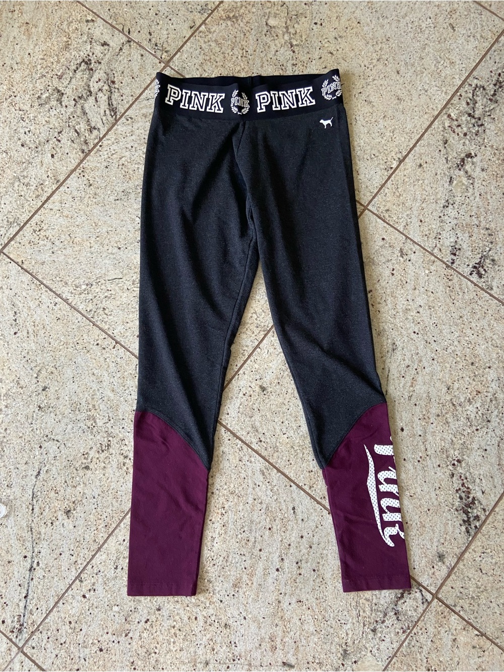 PINK Victoria's Secret Black & Burgundy Athletic Leggings with Branded Waistband
